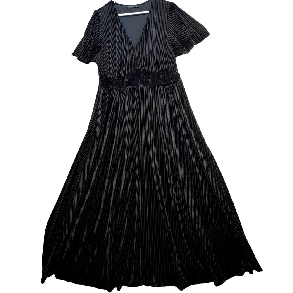 Simplee Plus Maxi‎ Dress Womens 3XL Black Ribbed V-Neck Pleated Gothic Romantic
